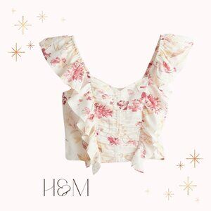 H&M White Floral Linen-Blend Cropped Ruffle Blouse size M